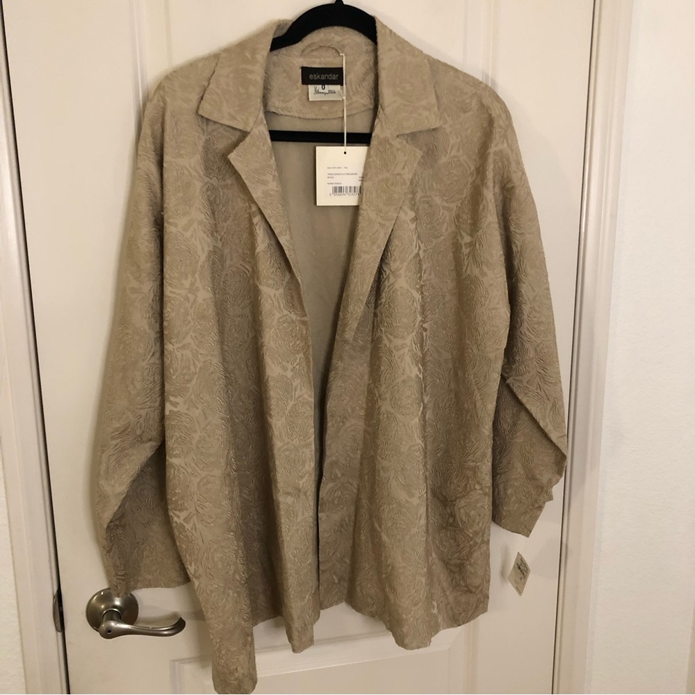 New Eskandar NWT Textured SILK KIMONO Jacket XL Lagenlook Open  Cream Long 0